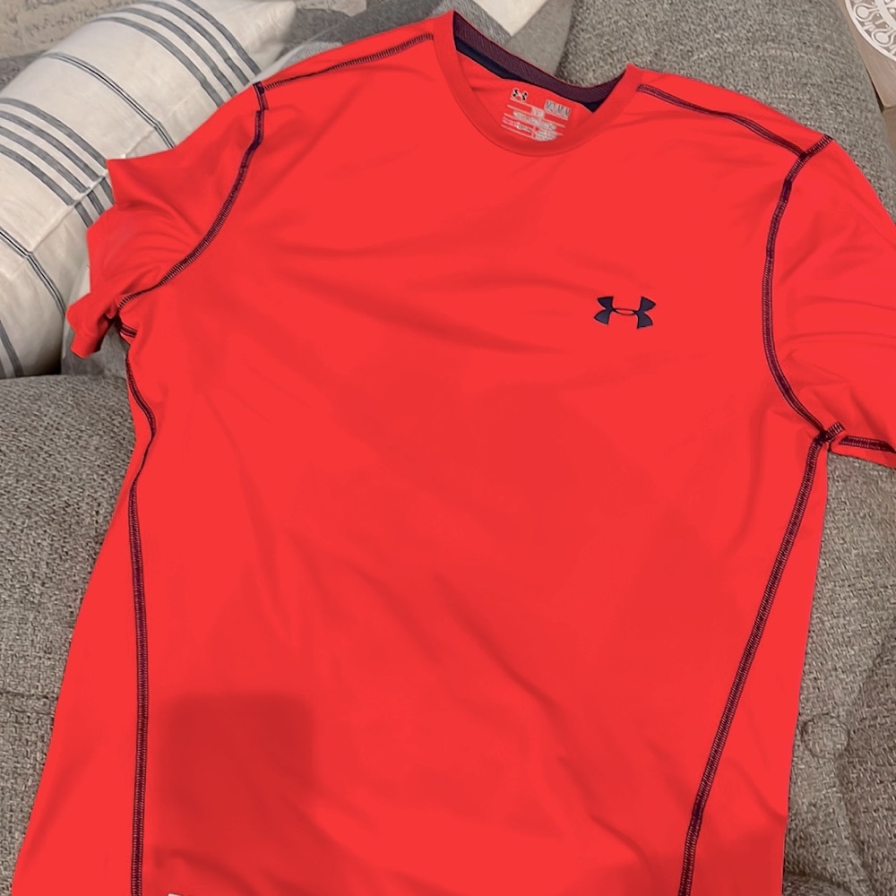 Under Armour Red Orange Mens 4 Way Stretch Mens Workout Shirt